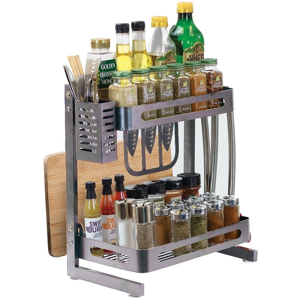 2 Tier Metal Kitchen Spice Rack Countertop Storage Organizer Shelf Det ...
