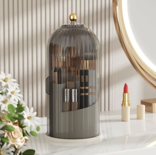 Makeup Brush Holder Organizer With Lid, 360° Rotating Makeup Brushes Organizer For Vanity Desktop Bathroom Countertop (Gray)