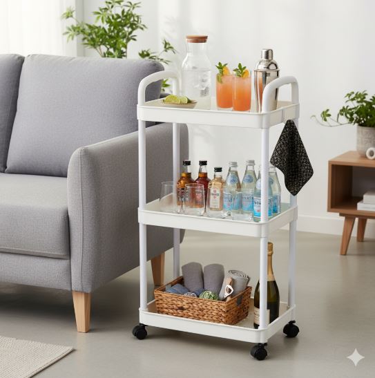3 Tier Rolling Cart with Wheels and Handle, Rolling Storage Cart for Office, Living Room, Laundry Room, Kitchen, Bathroom