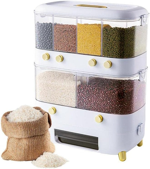 Rice Grain Storage Container, Multi-Division Grid Widely Used Rice Storage Box Dispenser (6 Grids White)