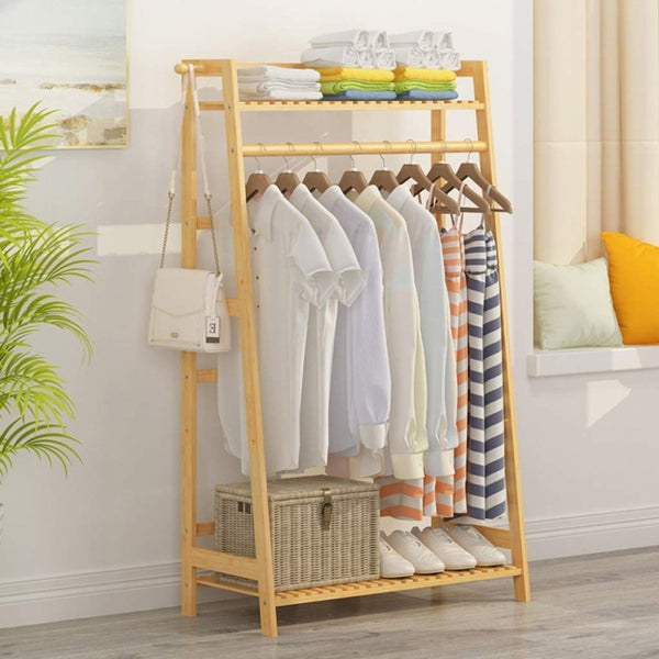 Coat Rack Hanger Clothes Rack Bamboo Wood Coat Hooks 2-Tier Coat Hooks Hat Bag Hanger Hanger Stand