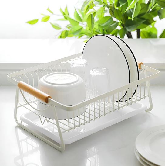 Kitchen Rack, Dish Drying Rack With Wooden Handle, Kitchen Utensils With Drain Pan, Drain Basket