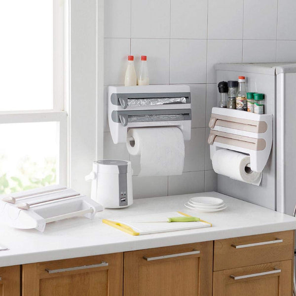 Kitchen Roll Dispenser for Foil Cling Film and Paper Towel White Brown