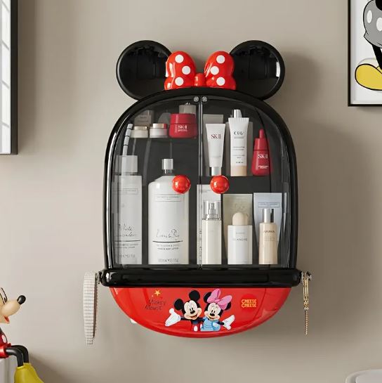 1pc Mickey & Minnie Mouse No-Drill Wall-Mounted Cosmetic Organizer - Multi-Compartment Transparent Makeup Storage Box with Mickey Mouse Design