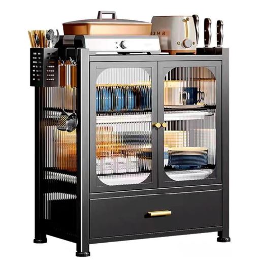 Modern Kitchen Storage Cabinet with Fluted Glass Doors, Multifunctional Storage Cabinet for Various Tableware