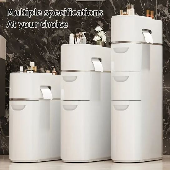 1pc Narrow Bathroom Storage Cabinet, White Space-Saving Rolling Organizer with Multiple Drawers & Tissue Holder
