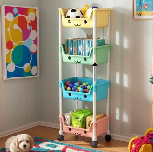 4 Tier Plastic Rolling Storage Rack with Wheels, Multipurpose Stacking ...