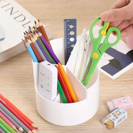 Rotating Pen Holder With Multiple Compartments, Office Home School Storage Box (White)