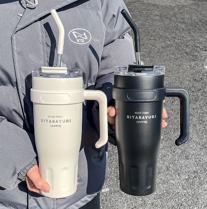 Stainless Steel Ice Tumbler, Large Capacity Drinking Coffee Water Cup with Straw, Simple Water Bottle