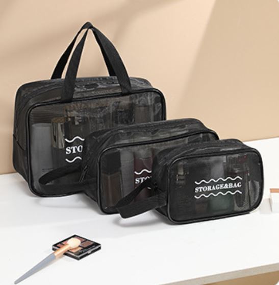 (Pack of 3) Large-Capacity Travel Storage Cosmetic Bag with Zipper Closure Eco-Friendly Mesh Waterproof