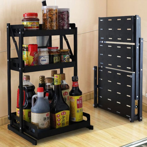 Kitchen Rack Folding Countertop, Kitchen Storage Organizer Stainless Steel Corner Shelf Holder with Hooks for Seasoning Spice Jars Bottles